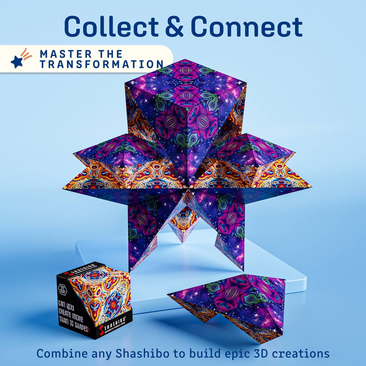 Colorful 3D paper sculpture with packaging on a blue background, featuring text 'Collect & Connect' and 'Master the Transformation'.
