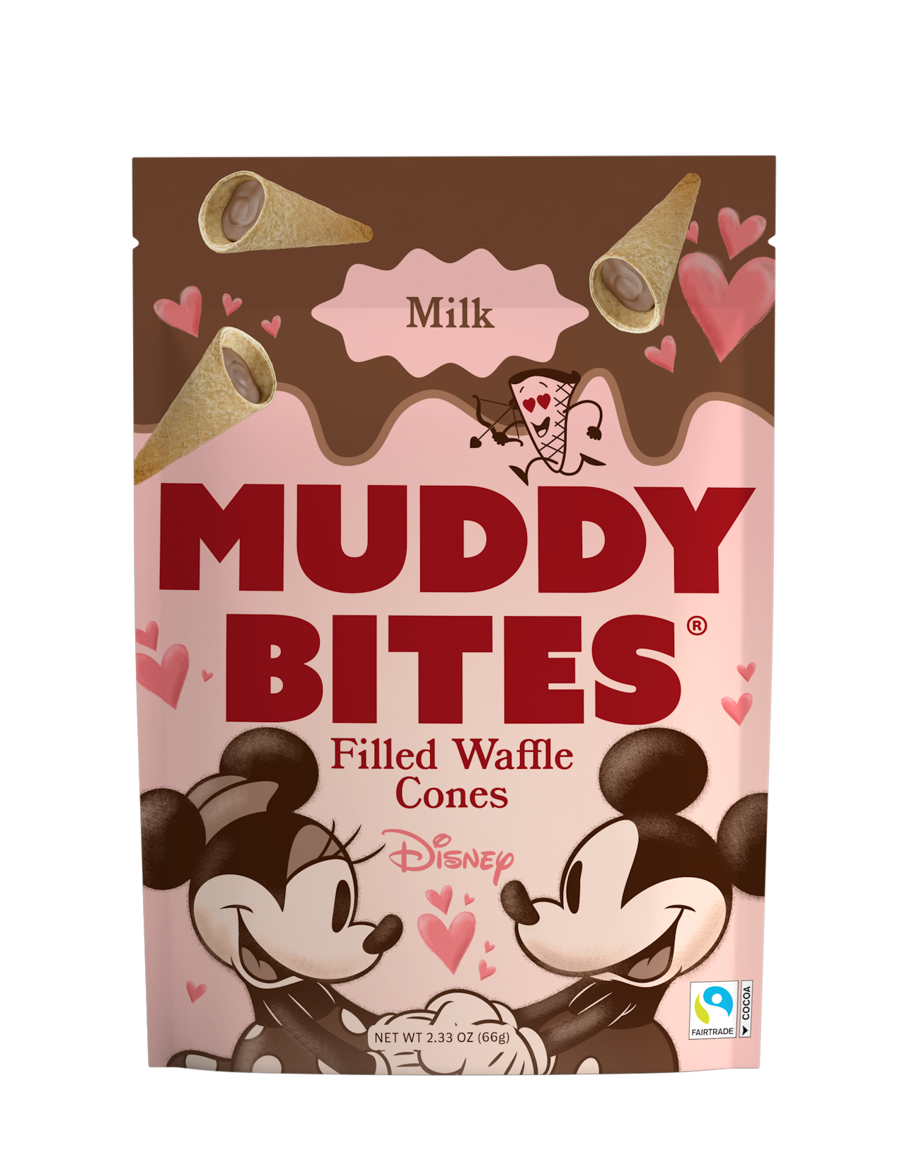 Muddy Bites Filled Waffle Cones packaging with Mickey and Minnie Mouse on a pink and brown background.