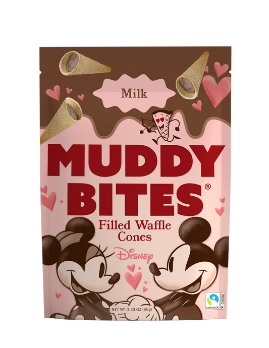 Muddy Bites Filled Waffle Cones packaging with Mickey and Minnie Mouse on a pink and brown background.