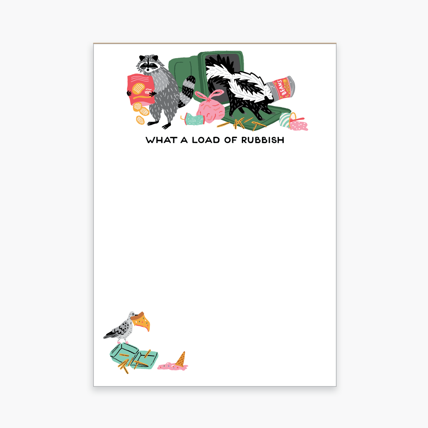 Illustration of a raccoon and skunk with a bird, text 'What a Load of Rubbish', on a white background.
