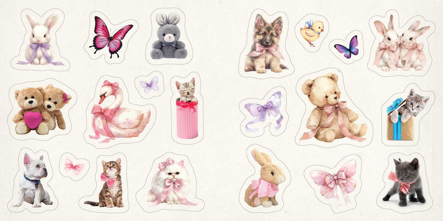 A collection of stickers depicting teddy bears, bunnies, kittens and butterflies on a white background