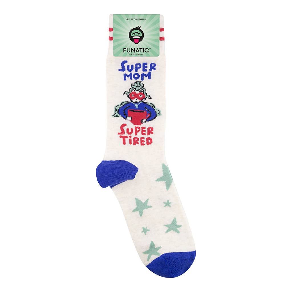 Sock with 'Super Mom Super Tired' text and star patterns on a white background