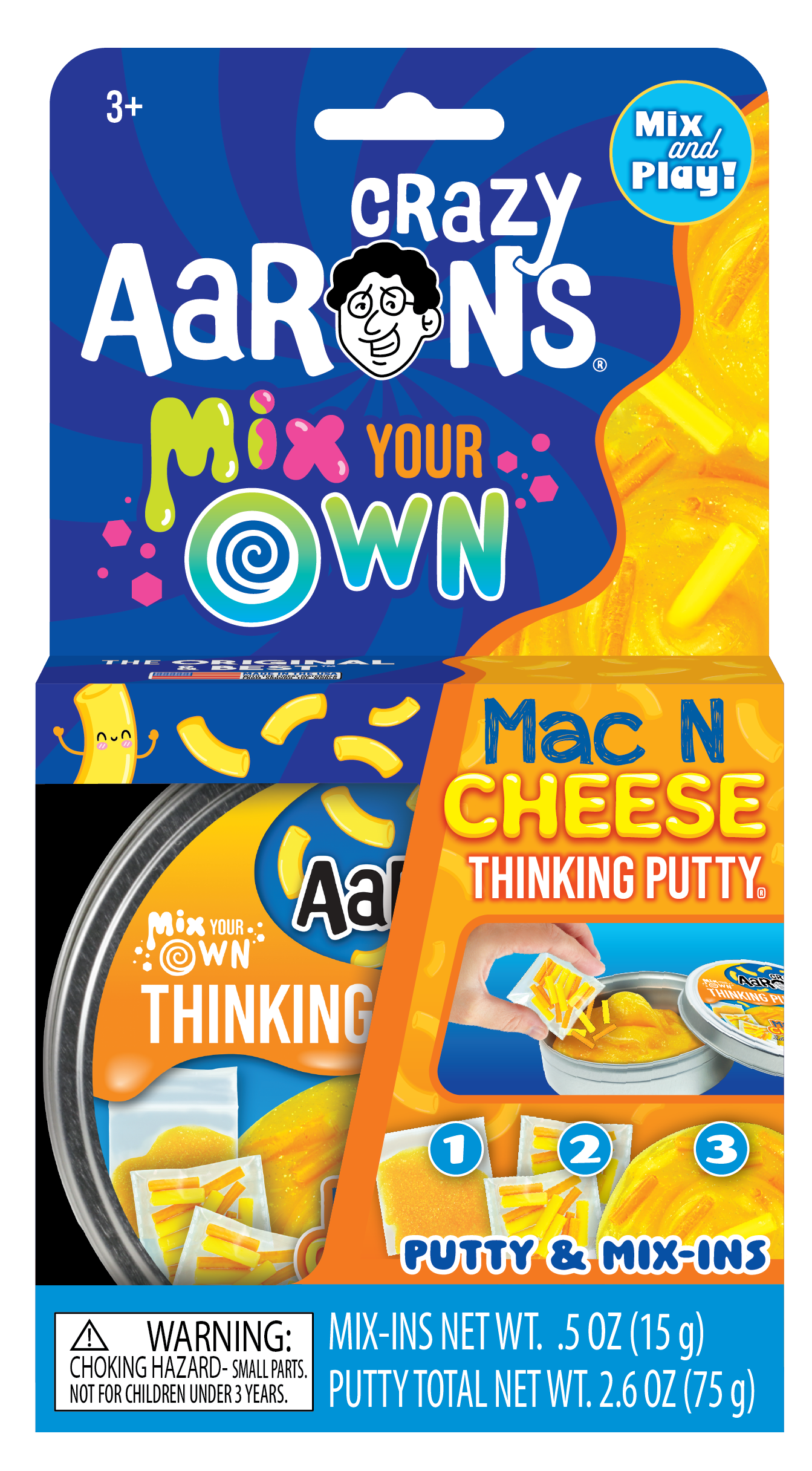 Crazy Aaron's Mix Your Own Mac N Cheese Thinking Putty packaging with a blue and orange design.