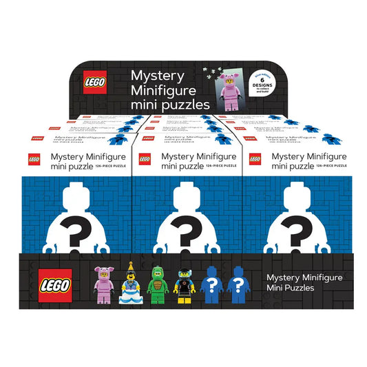 LEGO Mystery Minifigure mini puzzles packaging with question marks and LEGO logo.