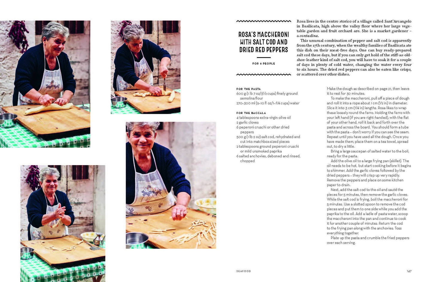 Page from a cookbook featuring images of a person making pasta and text about a recipe.