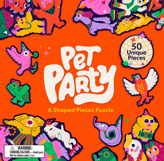 Cover of a shaped pieces puzzle titled 'Pet Party' with colorful pet illustrations on an orange background.
