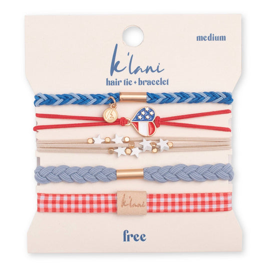Set of hair ties and bracelets on a 'klani' branded card with various designs including stars, hearts, and American flag.