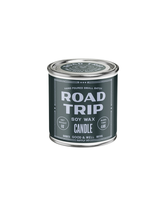 Candle container labeled 'Road Trip' by Good & Well Supply on a white background