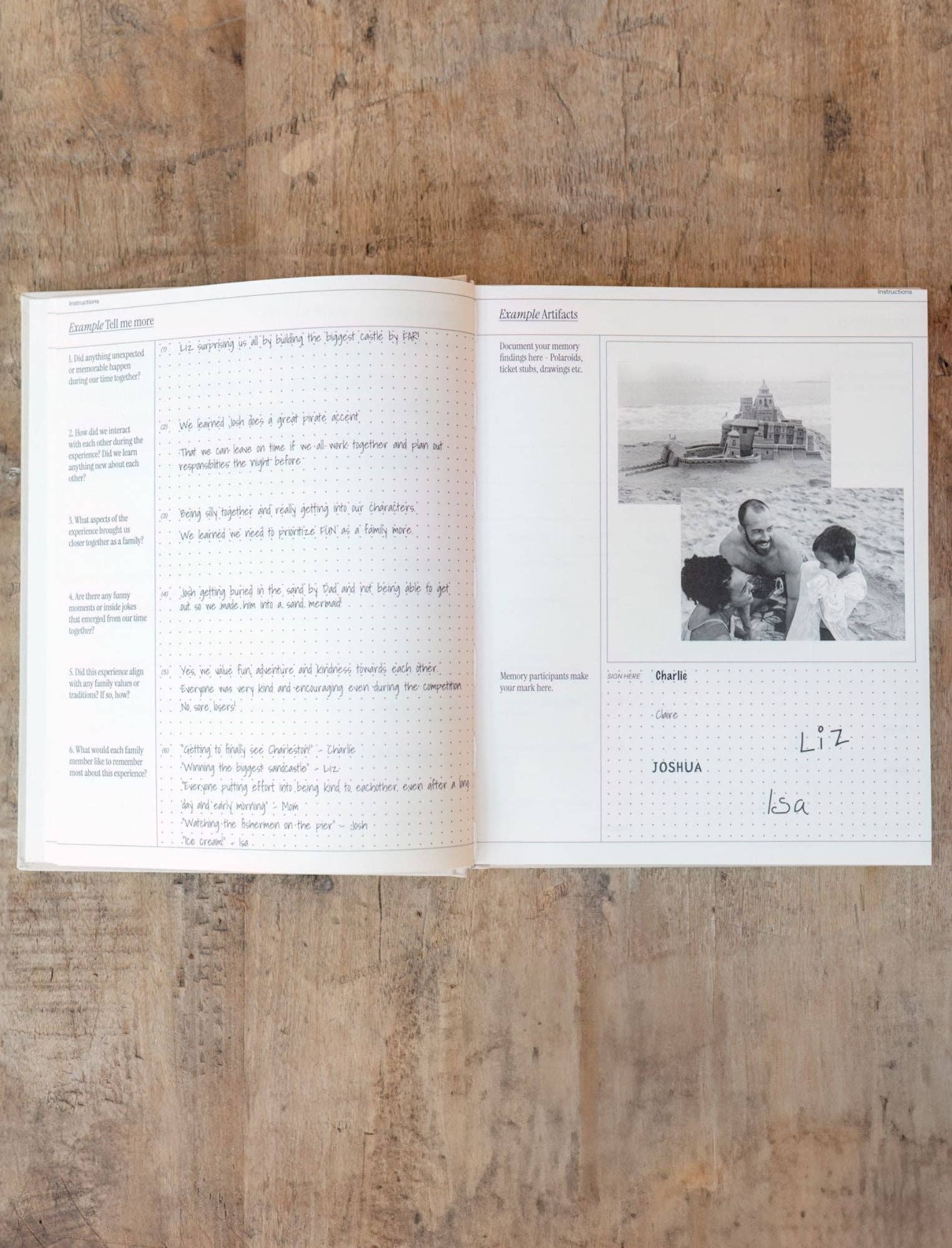 Open book on a wooden surface with text and a black and white photo of a couple.