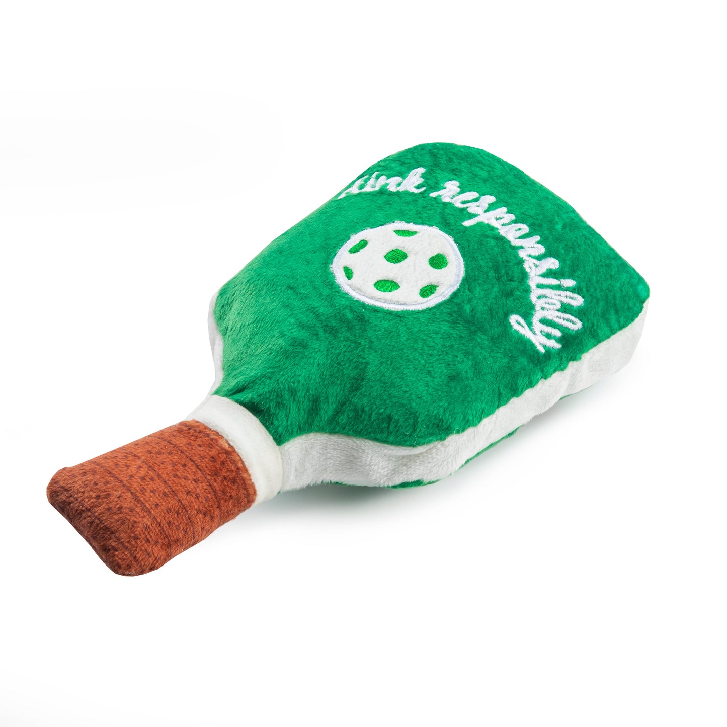 Green plush pickleball paddle with a white ball design and text on a white background
