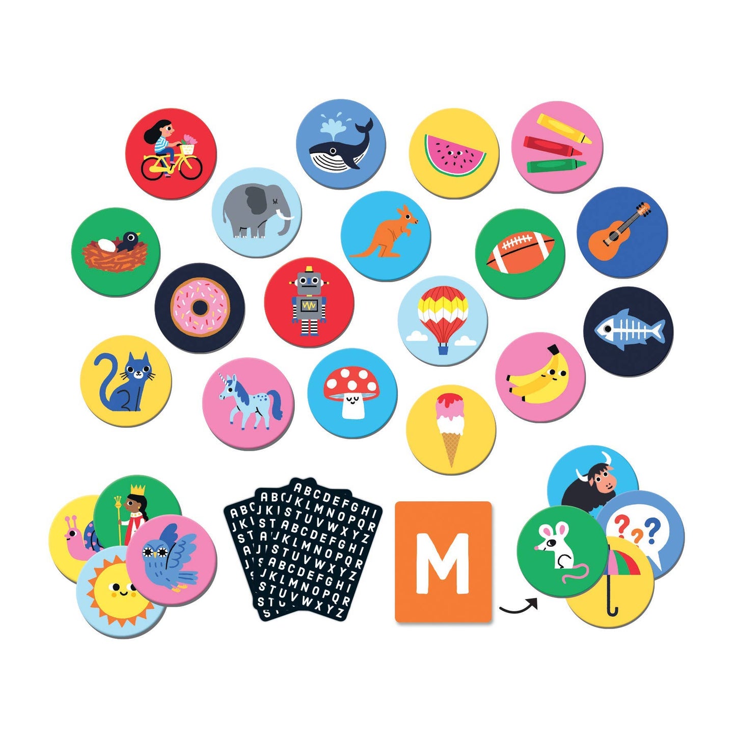 Set of colorful buttons with various designs on a white background