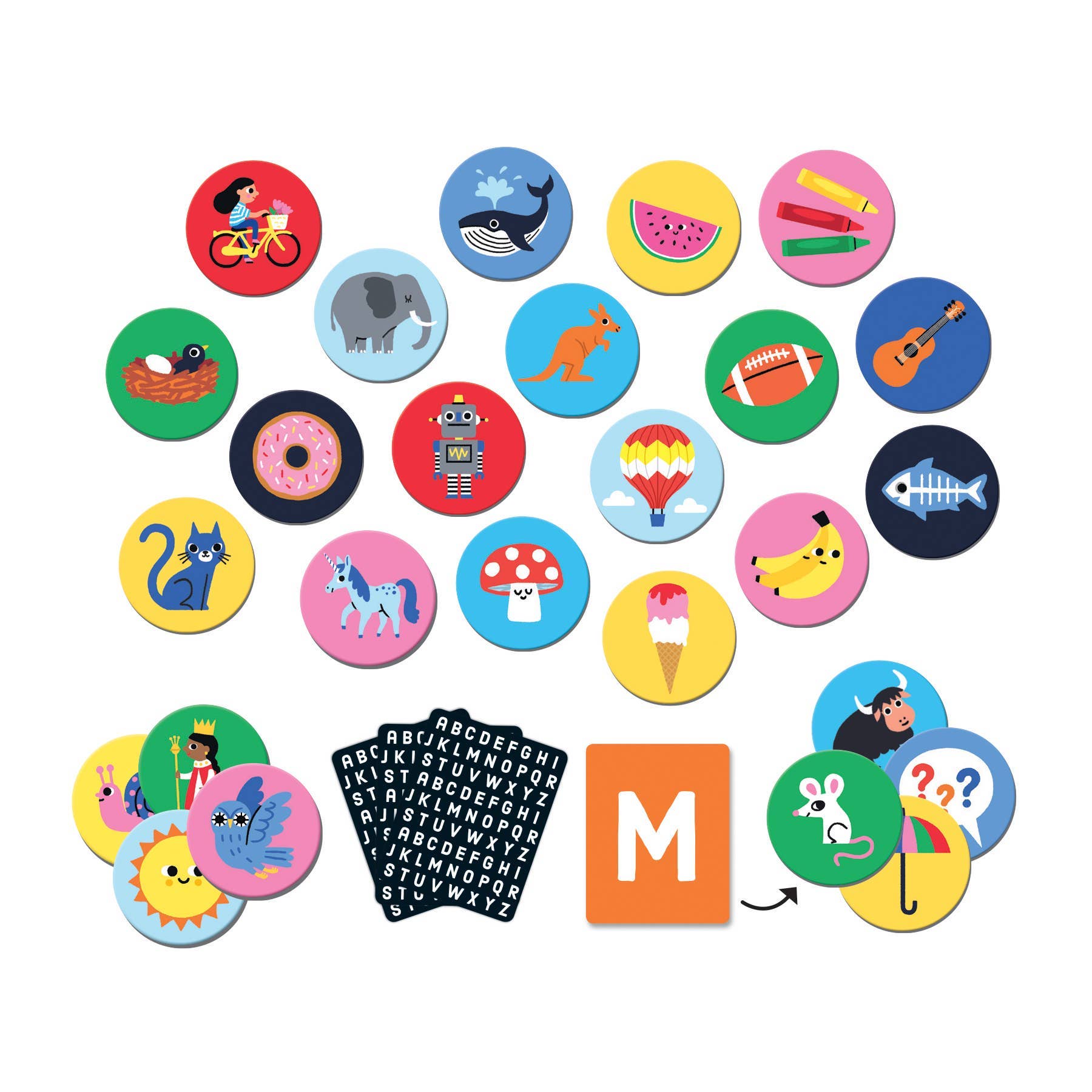 Set of colorful buttons with various designs on a white background