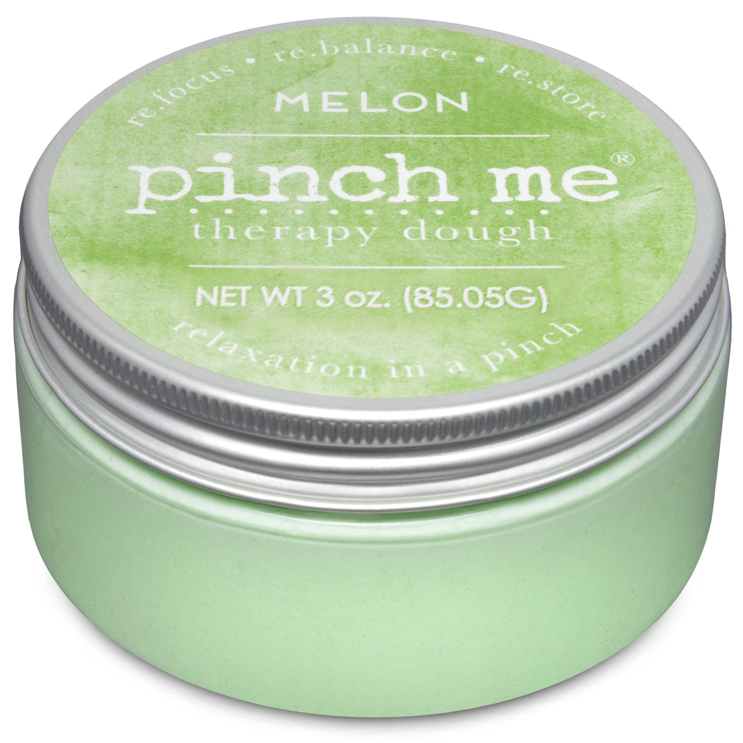 Jar of 'pinch me' therapy dough labeled 'Melon' on a white background