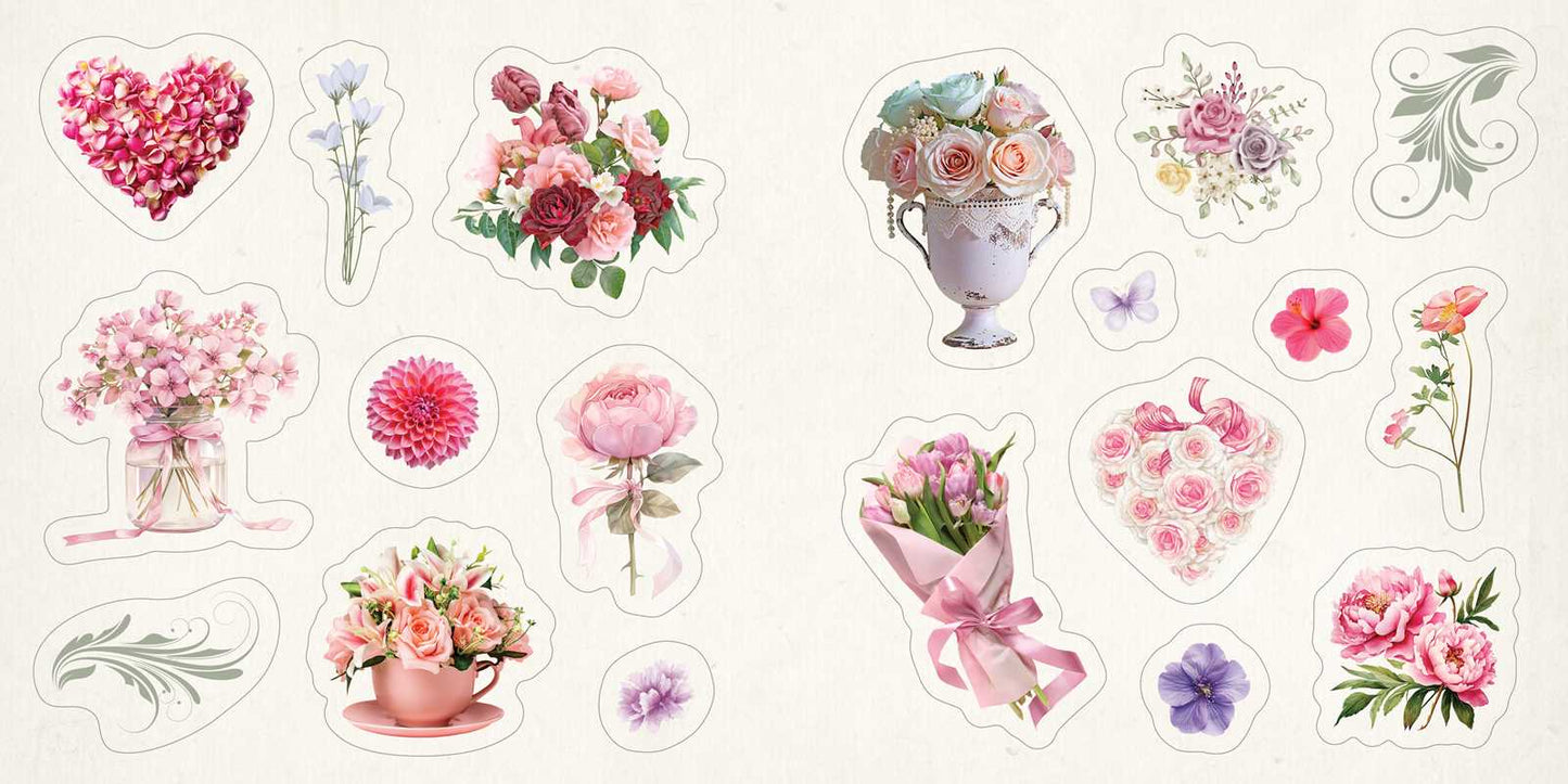 Collection of floral themed stickers on a light background