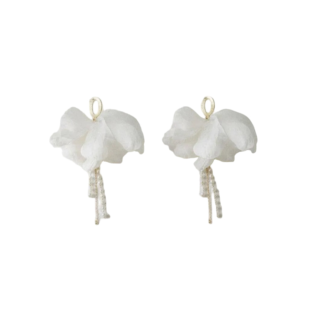 Floral earrings with pearl strands on a white background