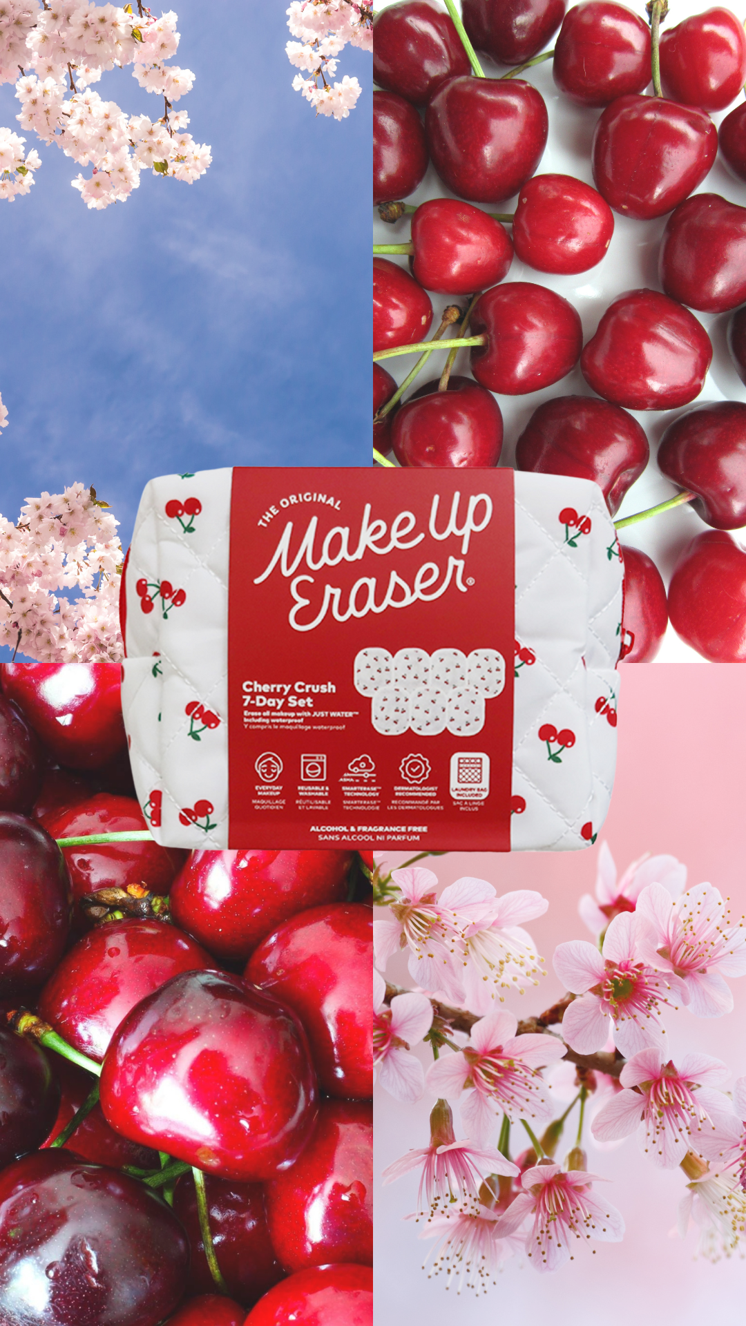 Makeup Eraser with cherry design surrounded by cherries and cherry blossoms