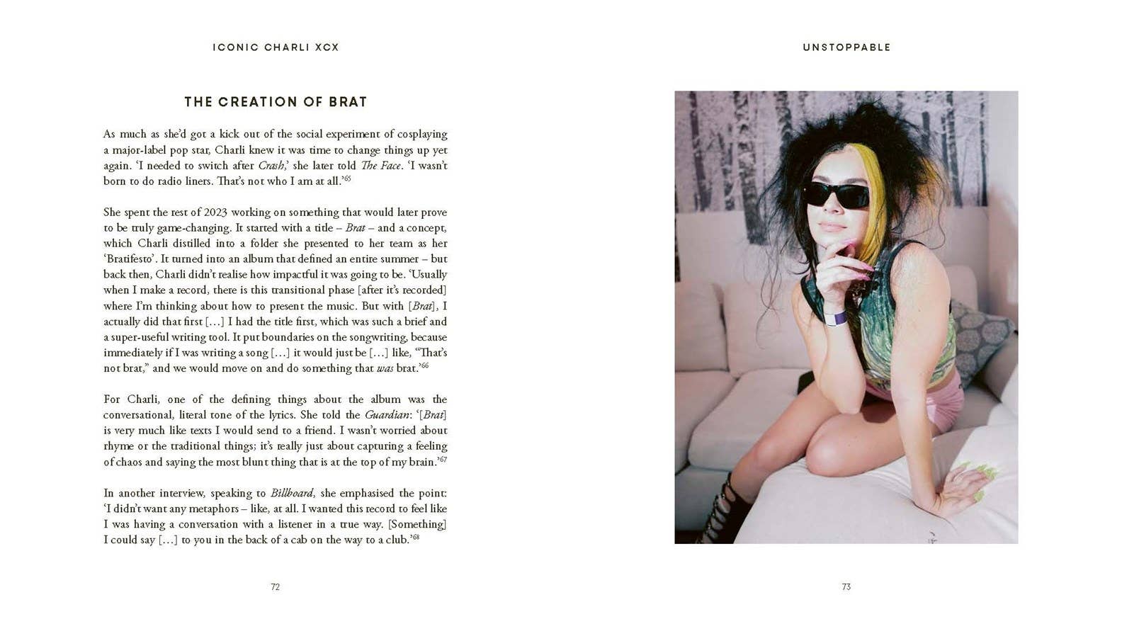 Person with colorful hair and sunglasses sitting on a couch, with text on the left side.