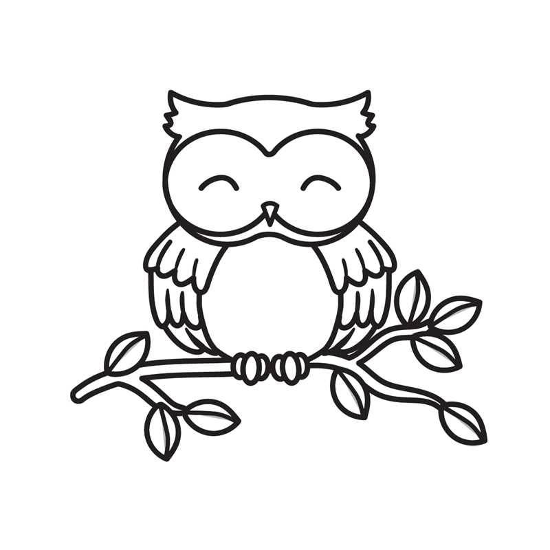 Black and white line drawing of an owl on a branch with leaves.