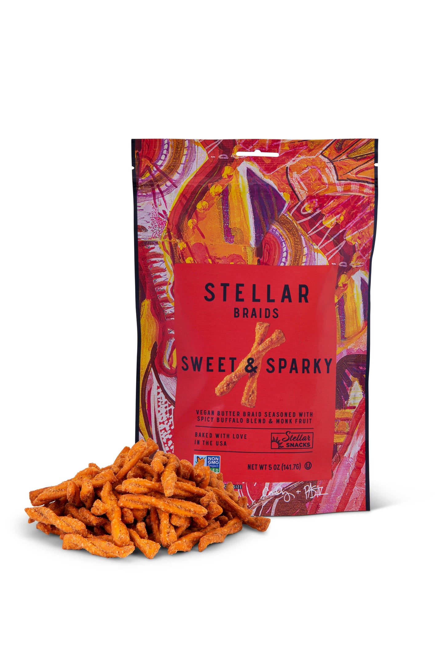 Packaged snack with colorful design and text on a white background