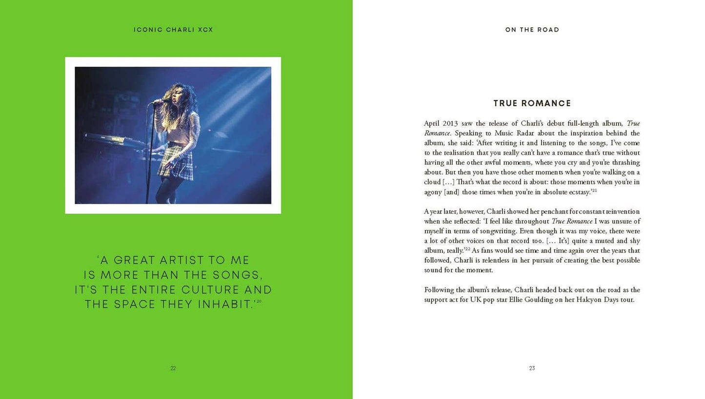 Book page with a photo of a person on stage and text about music, on a green and white background.