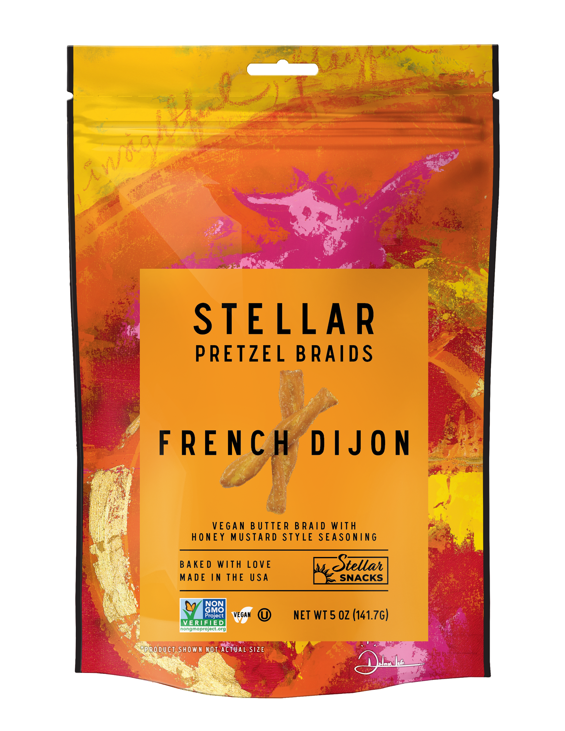 Packaging of Stellar Pretzel Braids French Dijon on a colorful background