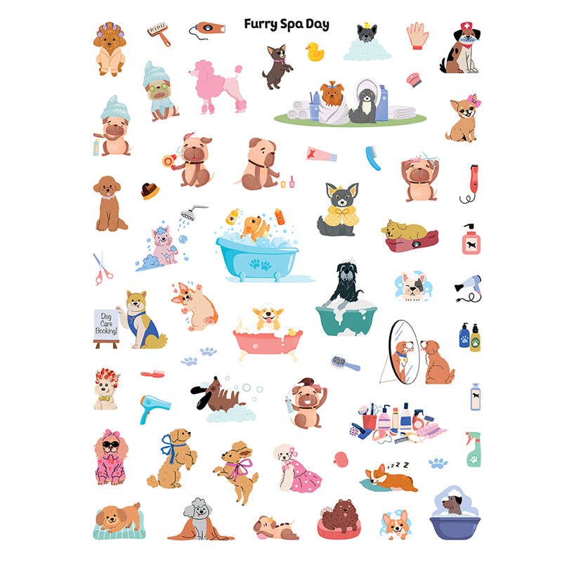 Collection of cartoon dog illustrations for a 'Furry Spa Day' theme on a white background.