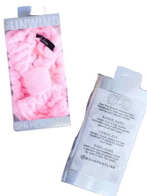 Pink spa head product and a white container with text