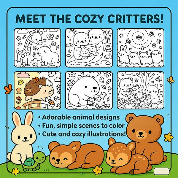 Coloring book for children with animal illustrations and text about the book's features.