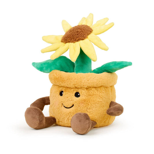 Plush sunflower pot Warmies with a smiling face on a white background