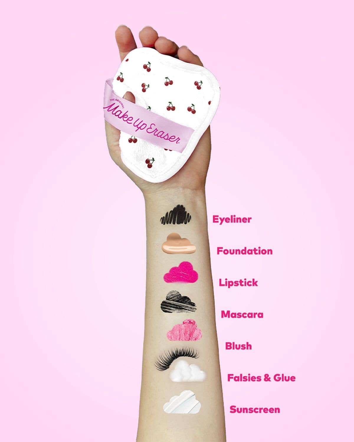 Makeup Eraser with labeled cosmetic uses on a pink background