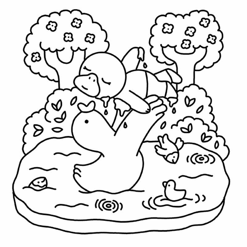 Black and white line drawing of a child riding a turtle by a pond with trees and flowers.