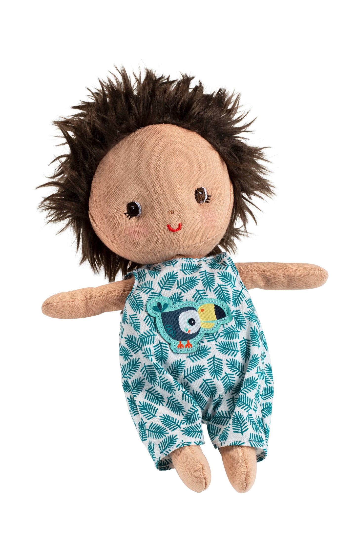 Stuffed toy with brown hair wearing a blue outfit with a bird design on a white background