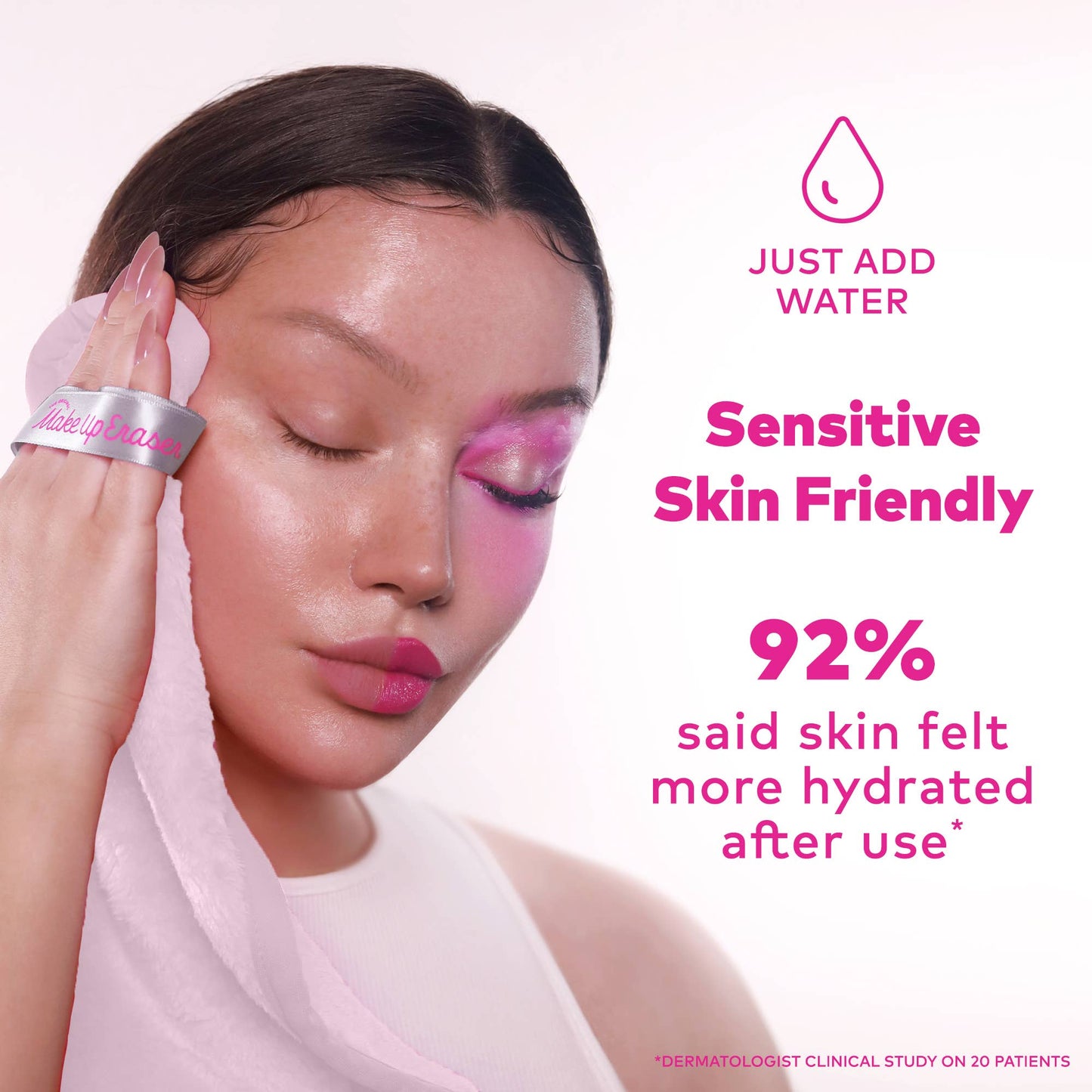 Woman applying a skincare product with text highlighting 'Sensitive Skin Friendly' and hydration benefits.