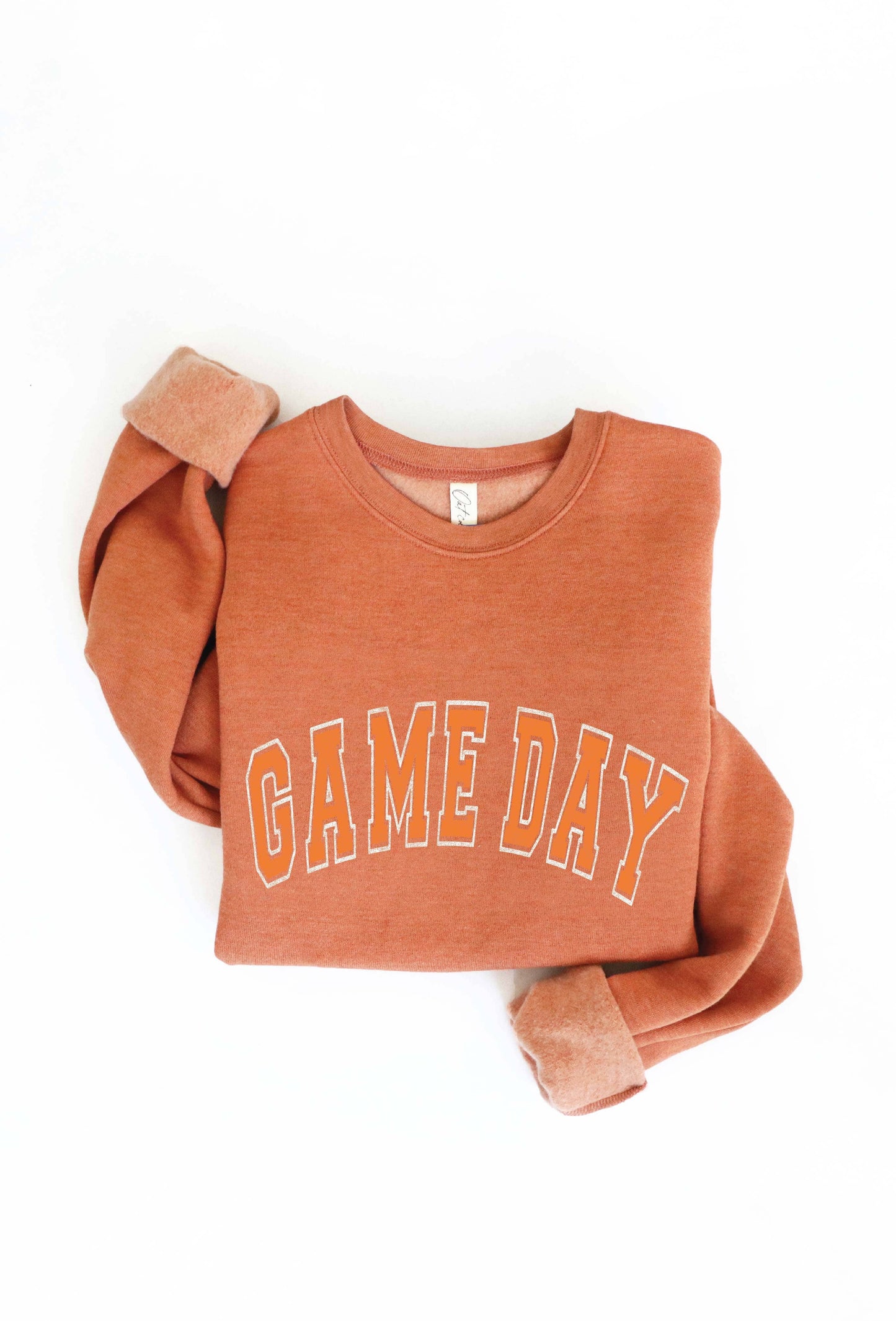 Orange sweatshirt with text "game day" displayed on a white background
