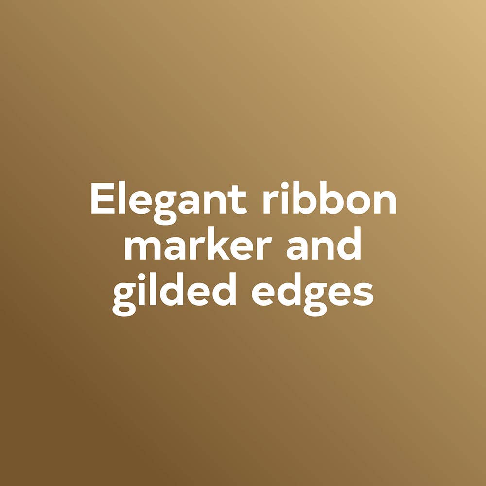 Text on a gold background describing 'Elegant ribbon marker and gilded edges'.