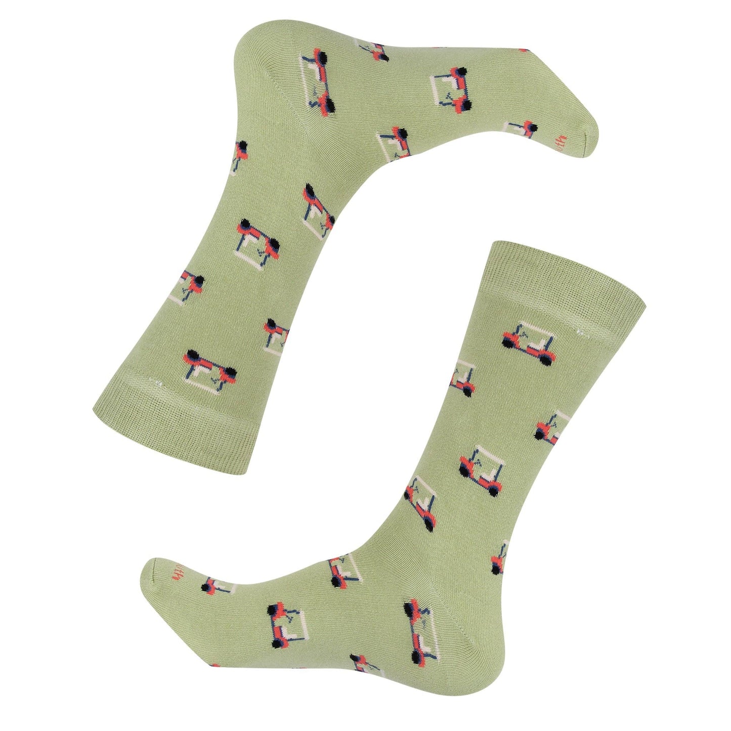 Green socks with small graphic patterns on a white background