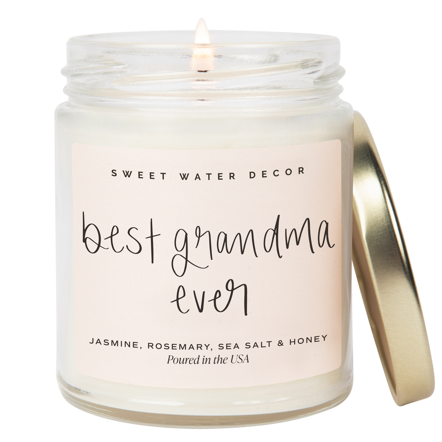 Candle in a jar with 'best grandma ever' text on the label, brand 'Sweet Water Decor' visible.