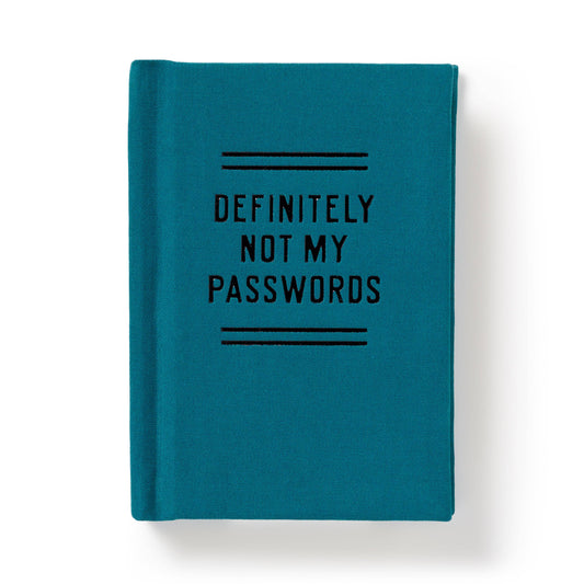 Teal notebook with 'DEFINITELY NOT MY PASSWORDS' text on a white background