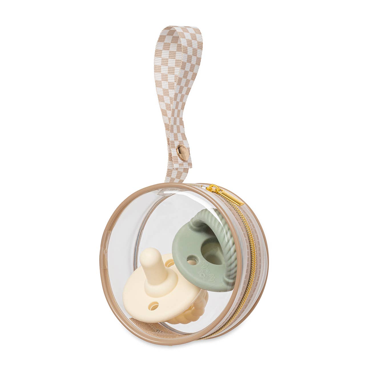 Round transparent pacifier case with checkered handle containing two silicone pacifiers on a white background