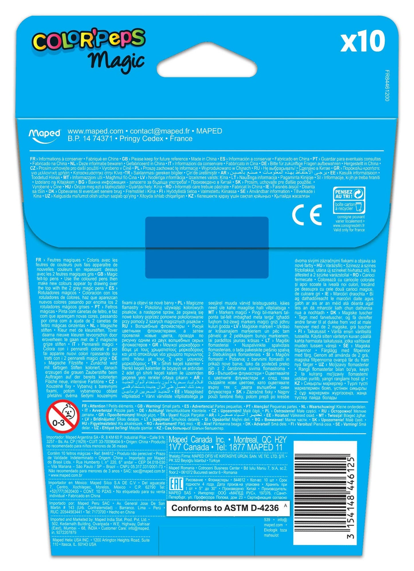 Back of a Color'Peps Magic packaging with blue background and text.