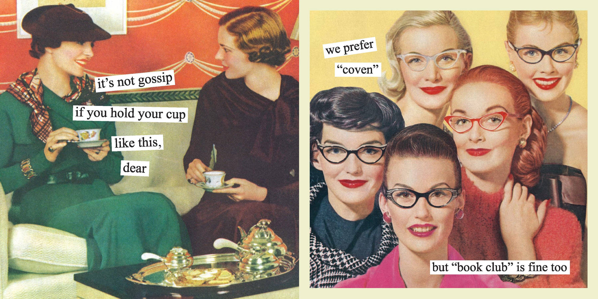 Two vintage-style images with text and people holding tea cups.