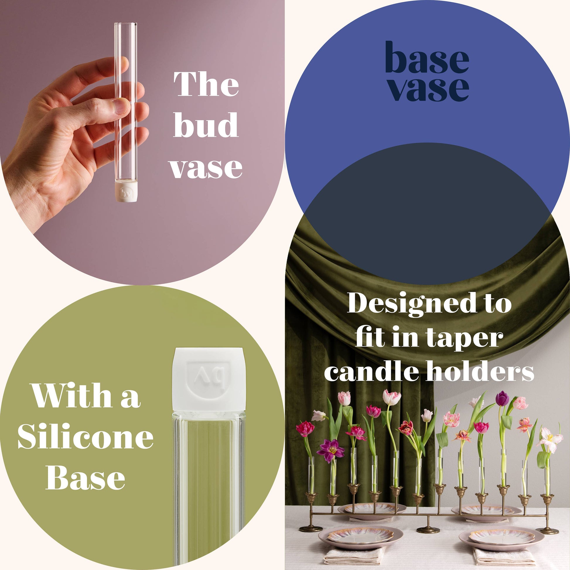 Collage of a bud vase with silicone base, candle holders with flowers, and color swatches.