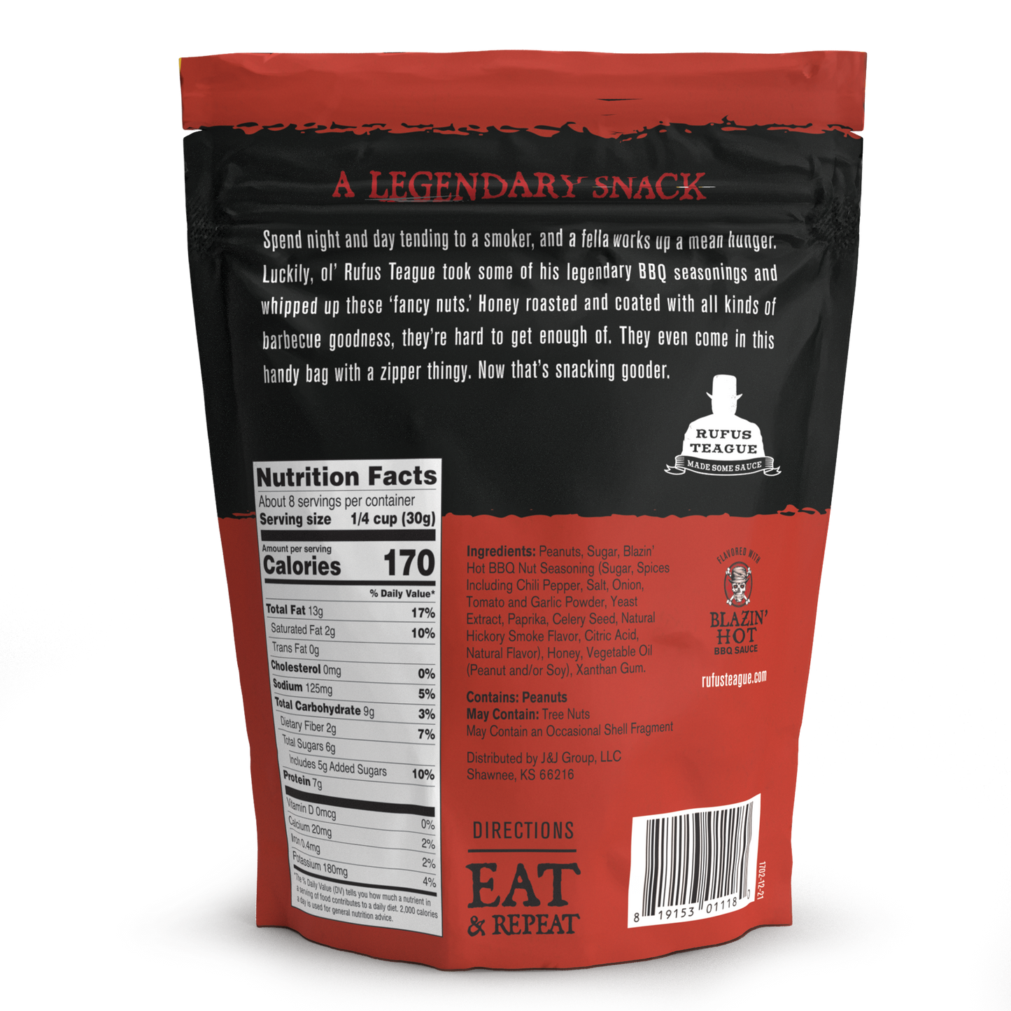 Back view of a snack package with nutritional information and branding.
