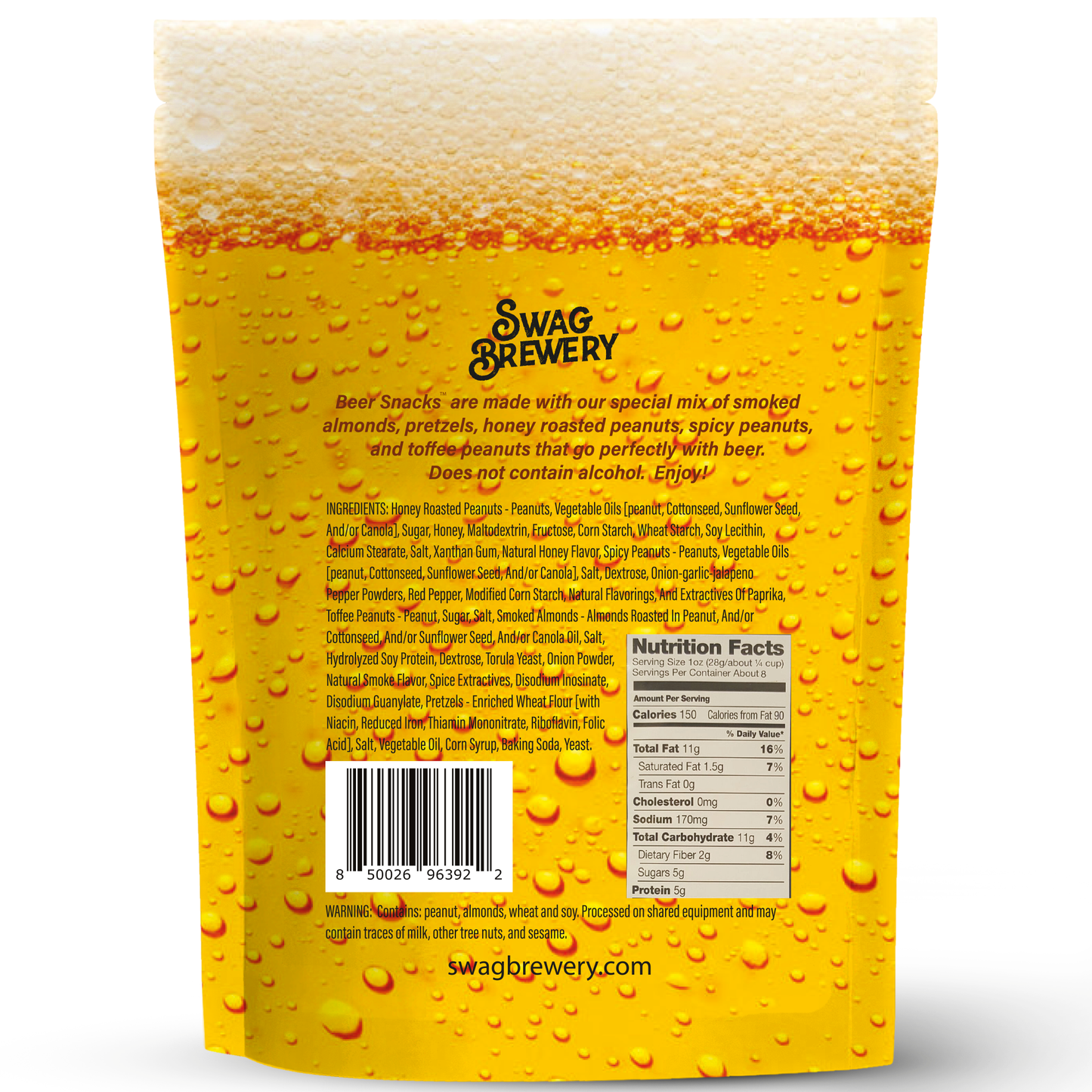 Back of a Swag Brewery snack package with beer foam design and text.