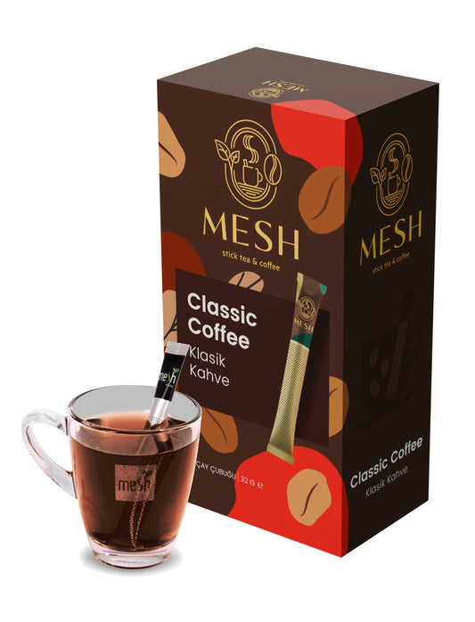 Mesh coffee package with a glass of coffee on a white background