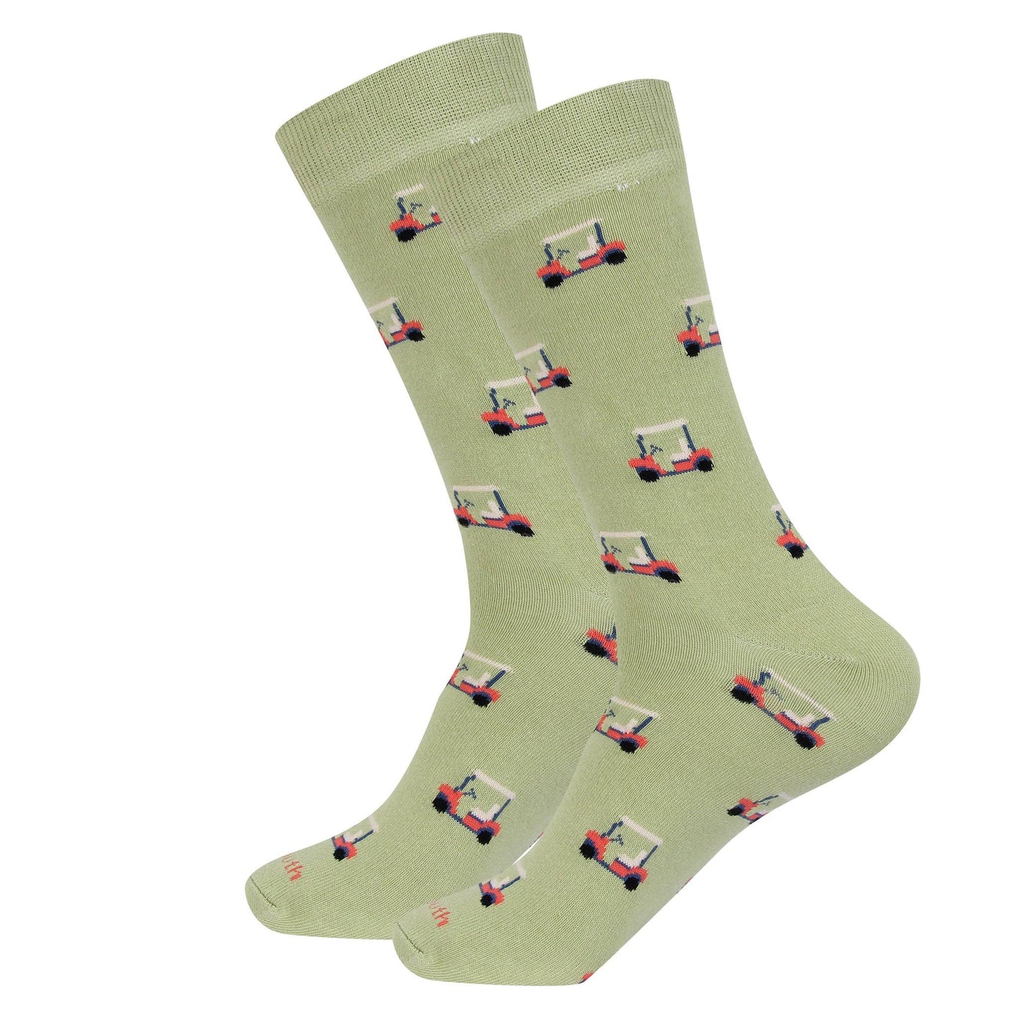 Light green socks with golf cart pattern on a white background