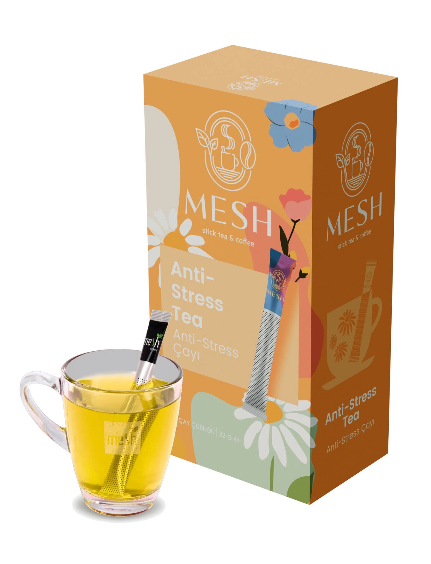 Mesh Anti-Stress Tea packaging with a glass of tea on a white background