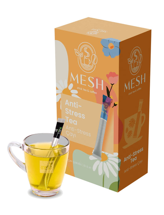 Mesh Anti-Stress Tea packaging with a glass of tea on a white background