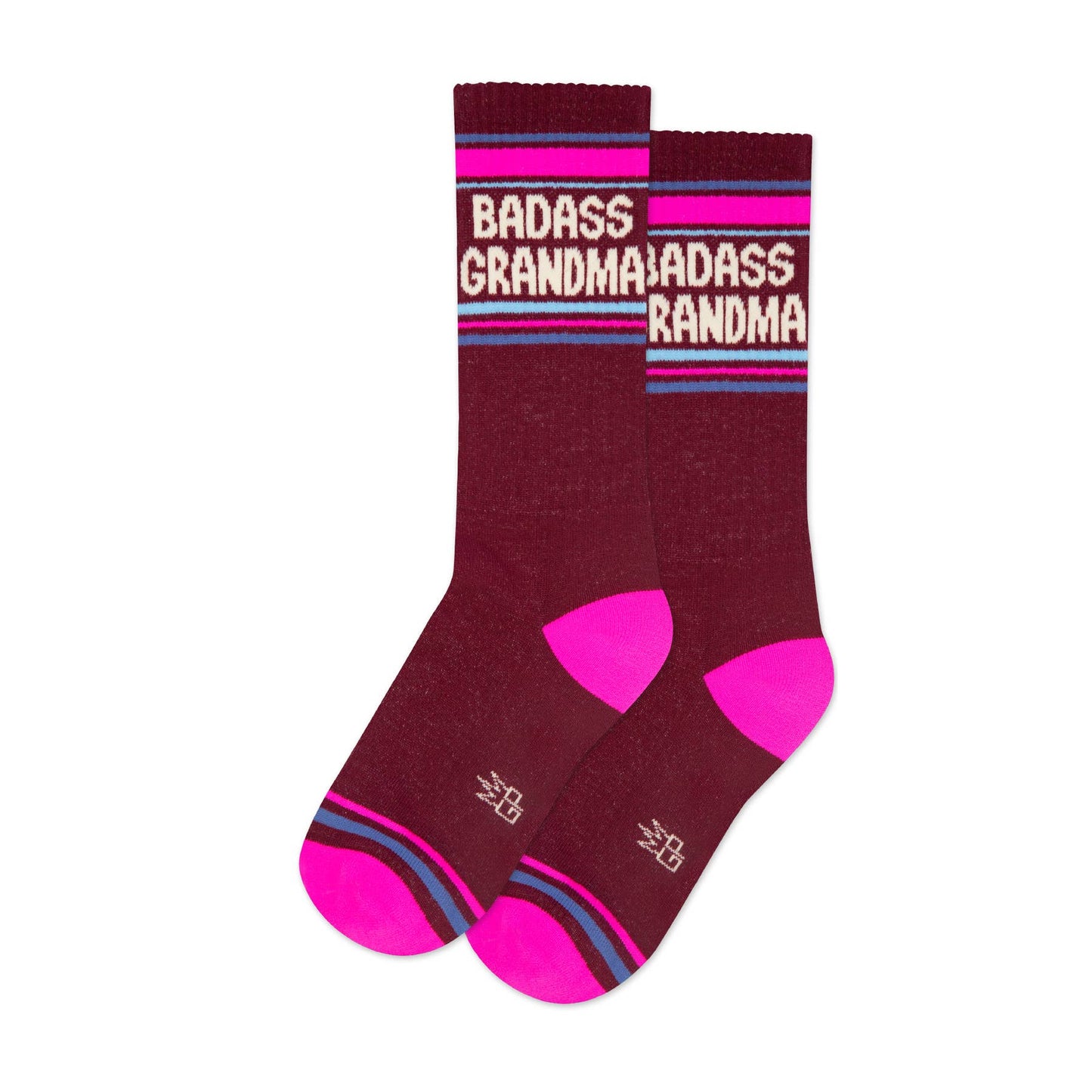 Maroon socks with pink accents and 'BADASS GRANDMA' text on a white background