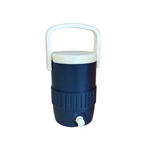 Blue cooler with white handle and spigot on a wooden surface